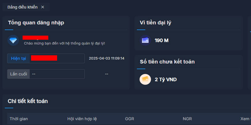 Giao diện trang quản lý ví của đại lý QH88