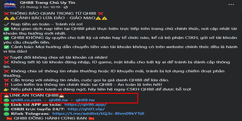 Kiểm tra tên miền chính hãng Qh88 được công bố trên fanpage nhà cái